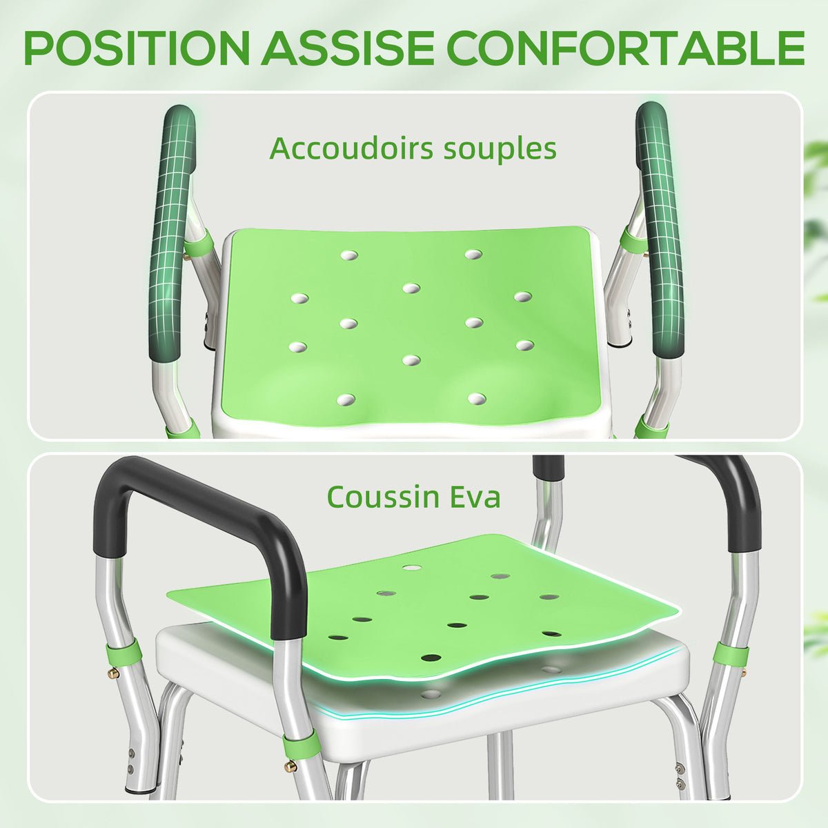Tabouret de douche pour personnes âgées et handicapées avec accoudoirs, hauteur réglable, patins antidérapants, vert-4