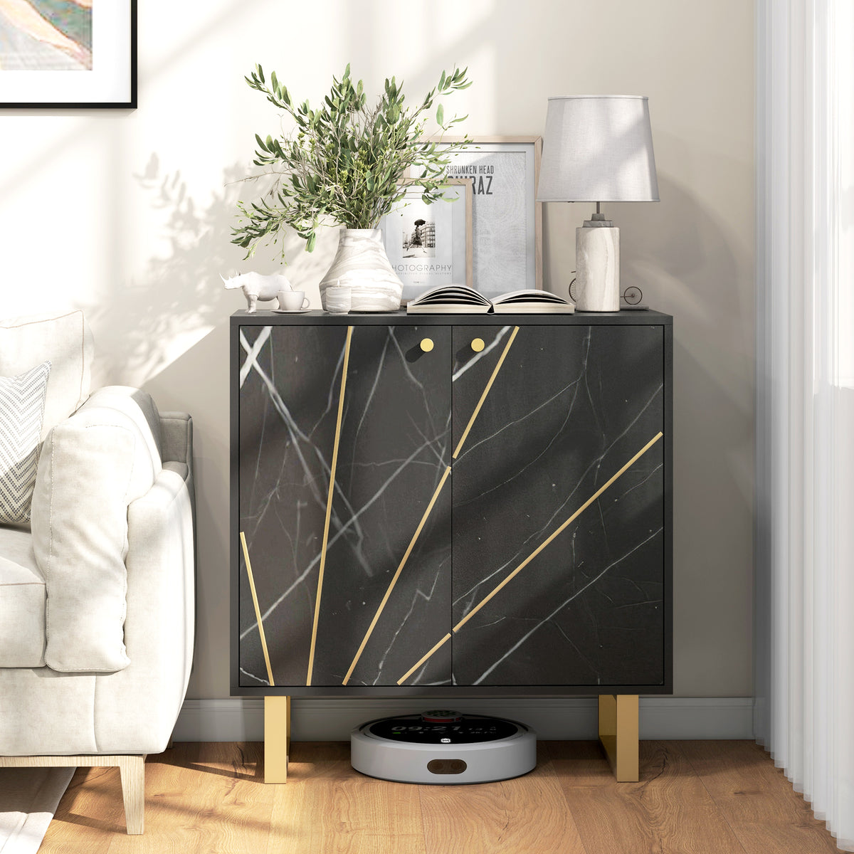 Buffet de rangement avec 2 portes et étagère réglable pieds en métal 76 x 35 x 77 cm ton marbre noir-1