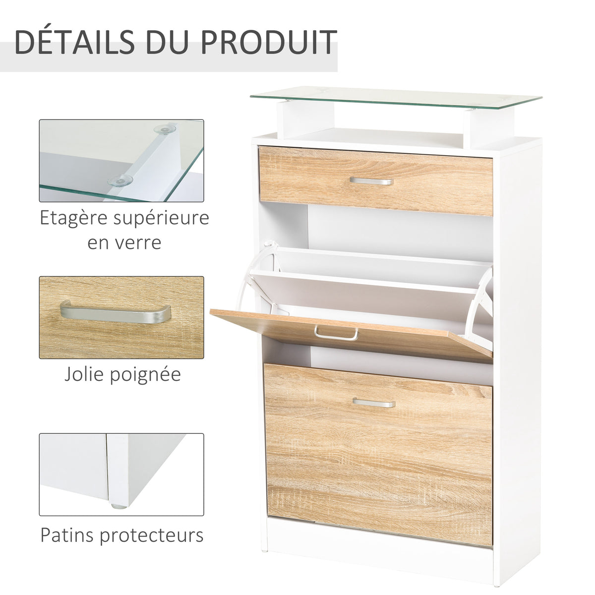 Armoire à Chaussures Meuble rangement Chaussures 2 Portes abattantes 2 Compartiments, tiroir, Plateau en Verre - Bois chêne Blanc-5