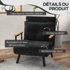 Fauteuil convertible 4 en 1 lit 1 place dossier 5 positions, accoudoirs en bois et coussin, tissu effet velours, noir-5