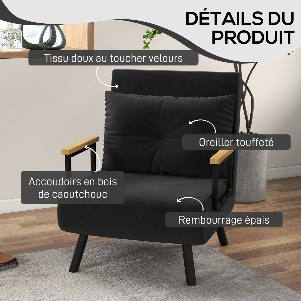 Fauteuil convertible 4 en 1 lit 1 place dossier 5 positions, accoudoirs en bois et coussin, tissu effet velours, noir-5