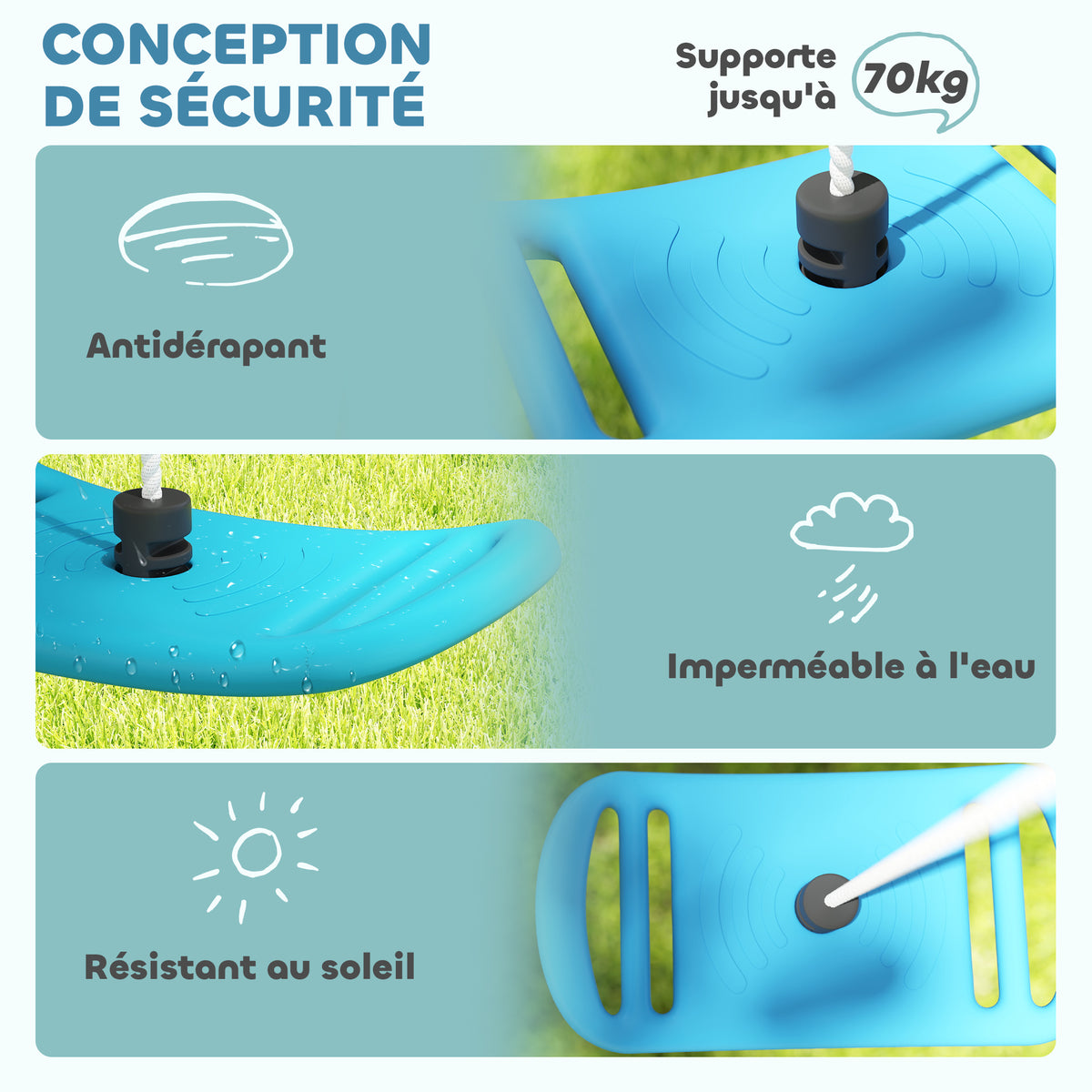 Balançoire enfant extérieur et intérieur avec corde réglable, mousqueton, charge max. 70 kg, bleu-4