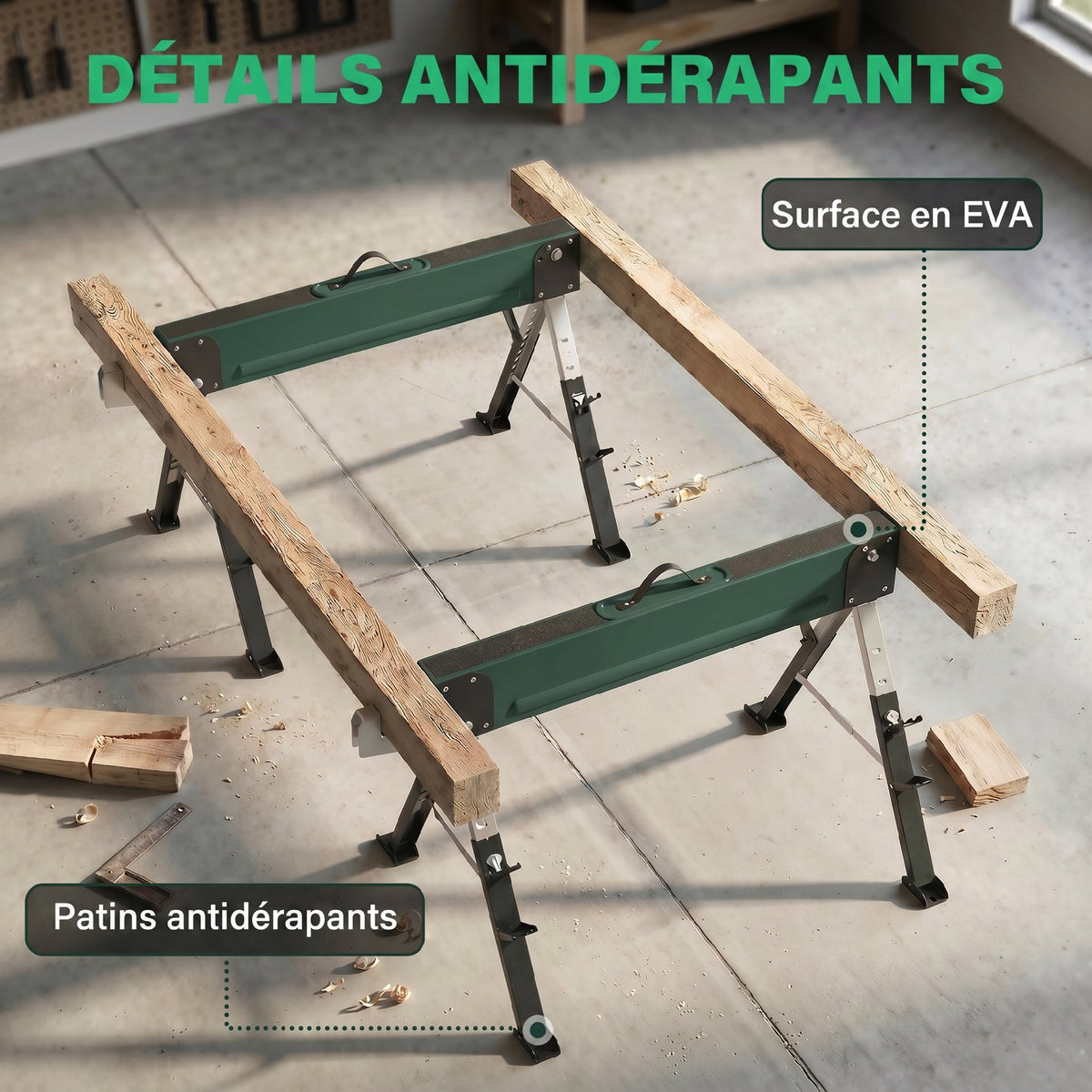 lot de 2 tréteaux pliables en métal, charge max 1160 kg, hauteur réglable 64-81cm, poignée de transport, vert-8