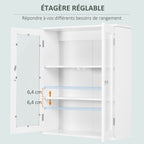 Armoire murale de salle de bain, meuble haut salle de bains avec 2 portes en verre, étagère réglable, 55x20x65cm, blanc-4