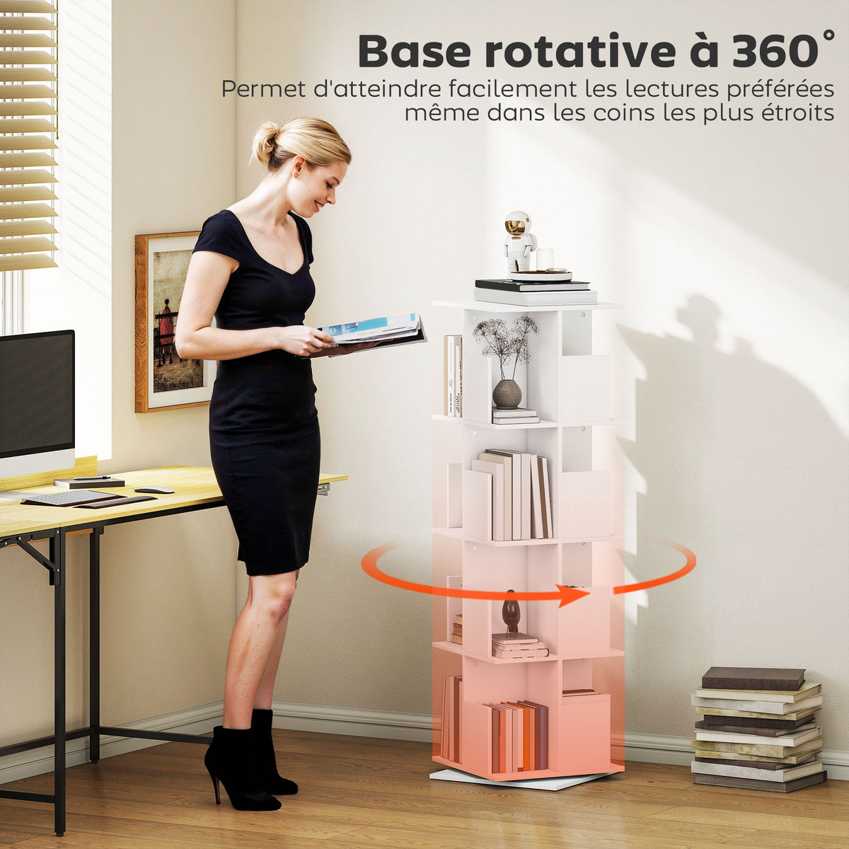 Bibliothèque rotative à 4 niveaux, étagère rangement avec 16 compartiments, 39 x 39 x 128,3 cm, blanc-3