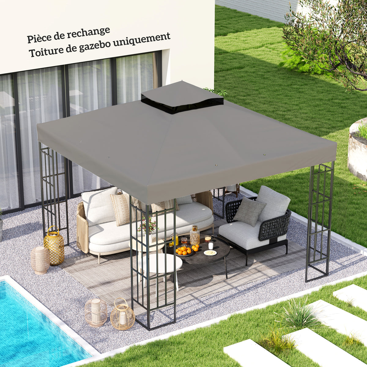 Toile pour tonnelle 3 x 3 m toile de rechange pour tonnelle à 2 niveaux protection UPF30+ trous de drainage gris-1