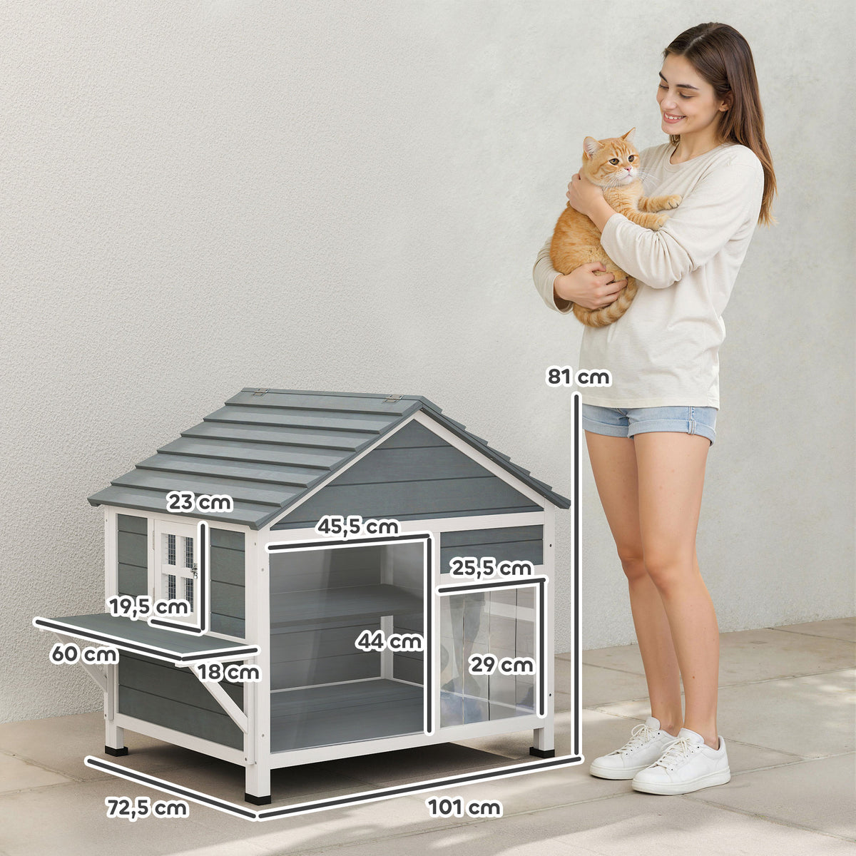 Maison pour Chat Extérieur Toit Ouvrant Fenêtre Panoramique Porte à Lamelles et Plateforme de Repos 101x72,5x81cm Gris-2
