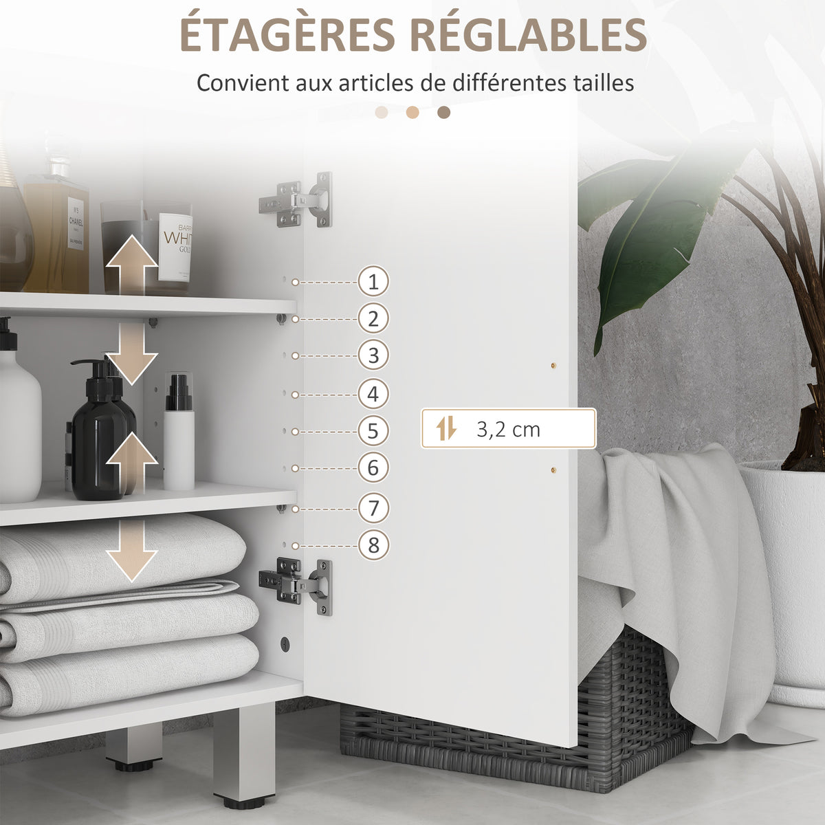 Meuble de salle de bain avec 2 tiroirs placard à double porte et étagères réglables 60 x 30 x 93 cm blanc brillant-4