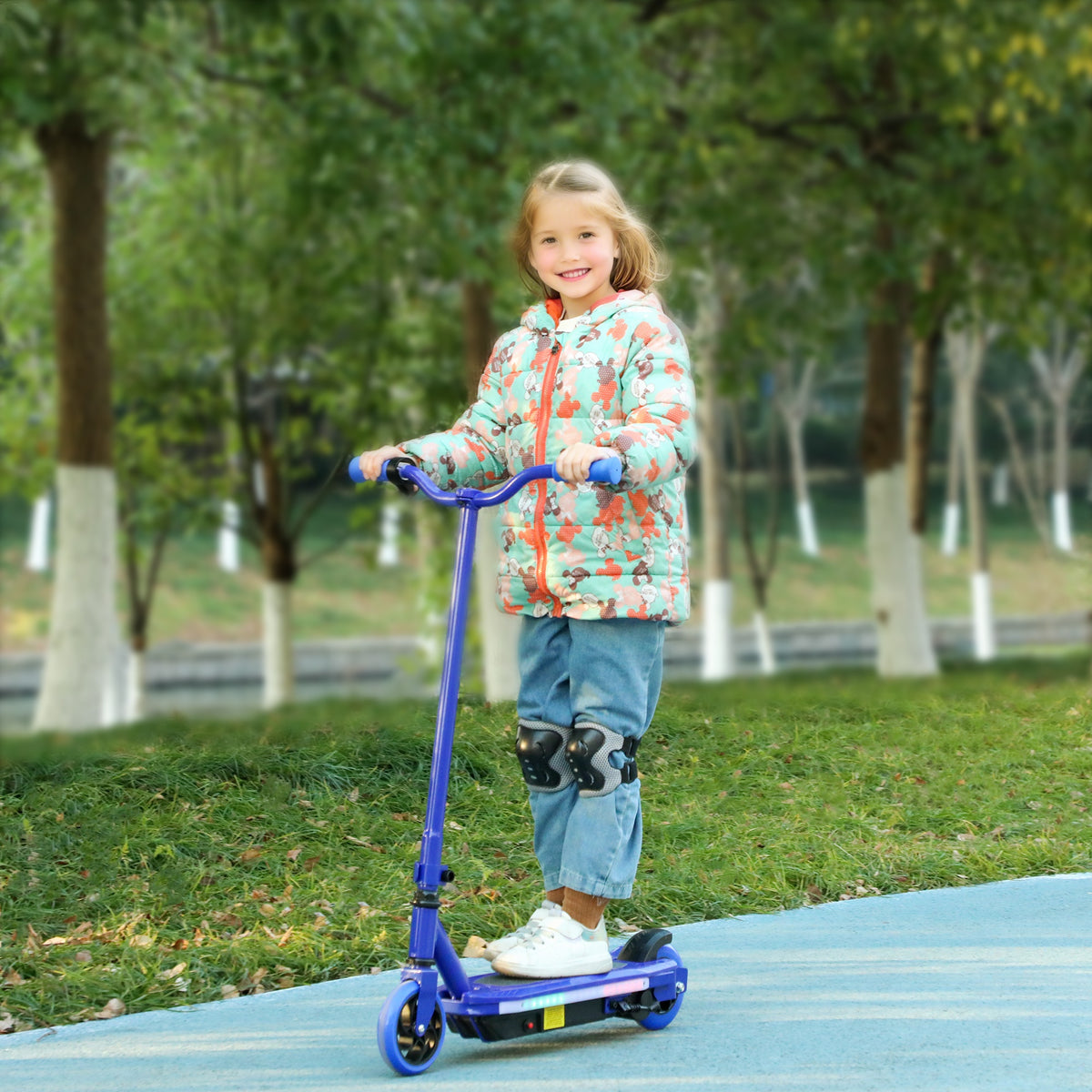 Trottinette électrique pour enfants 6-14 ans, vitesse maximale 10 km/h, lumières LED colorées, frein électrique, bleu-1