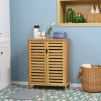 Meuble salle de bain en bambou armoire salle de bain sur pied avec double porte à lattes, 68 x 32 x 86 cm, naturel-9