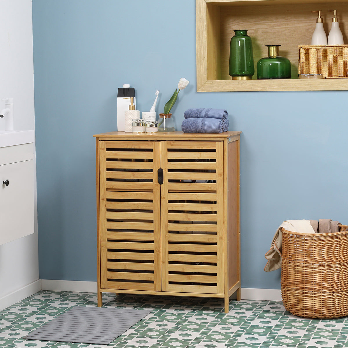 Meuble salle de bain en bambou armoire salle de bain sur pied avec double porte à lattes, 68 x 32 x 86 cm, naturel-9