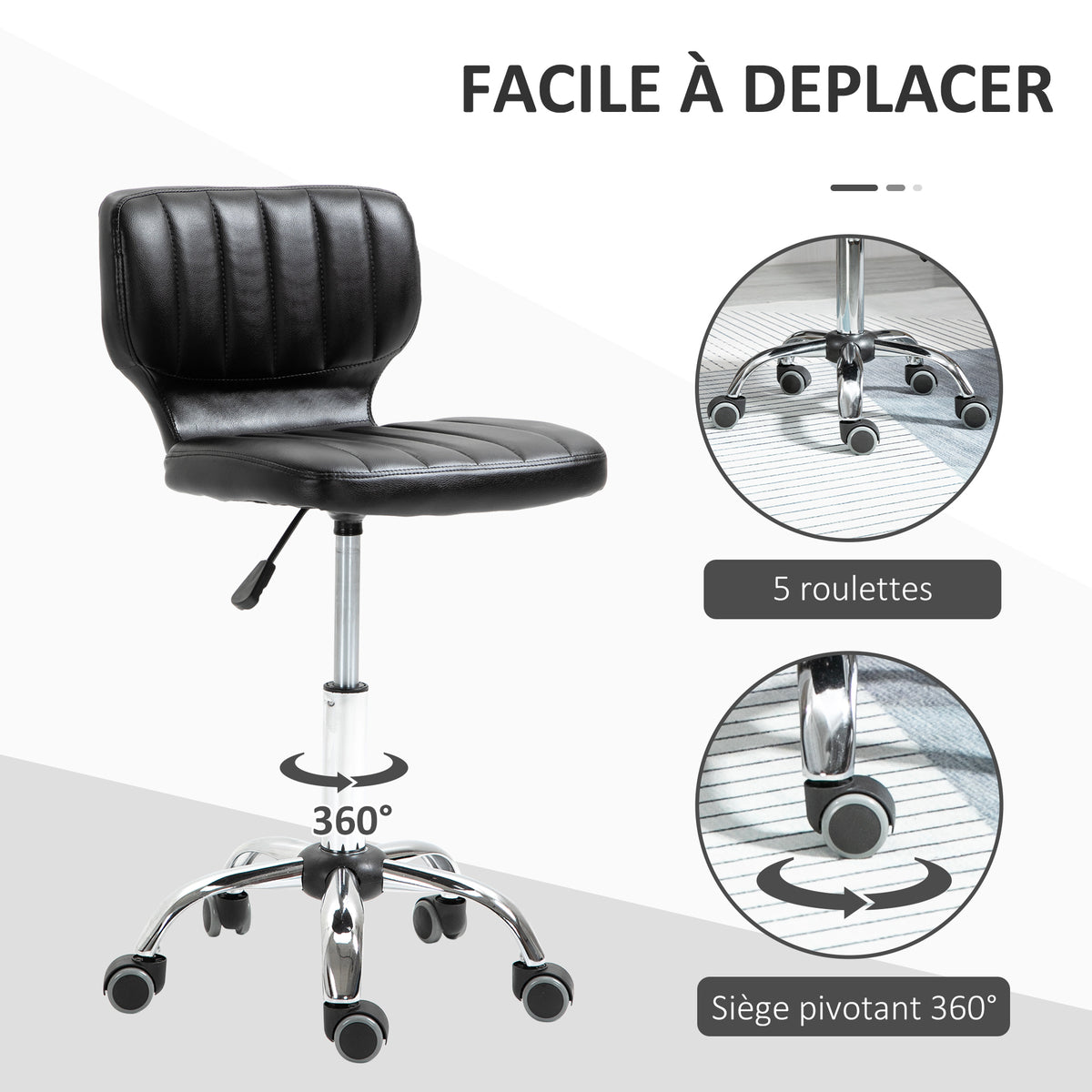 Tabouret à roulettes - tabouret de travail pivotant 360° - - tabouret ergonomique - hauteur assise réglable 47-62 cm - revêtement synthétique matelassé noir métal chromé-5