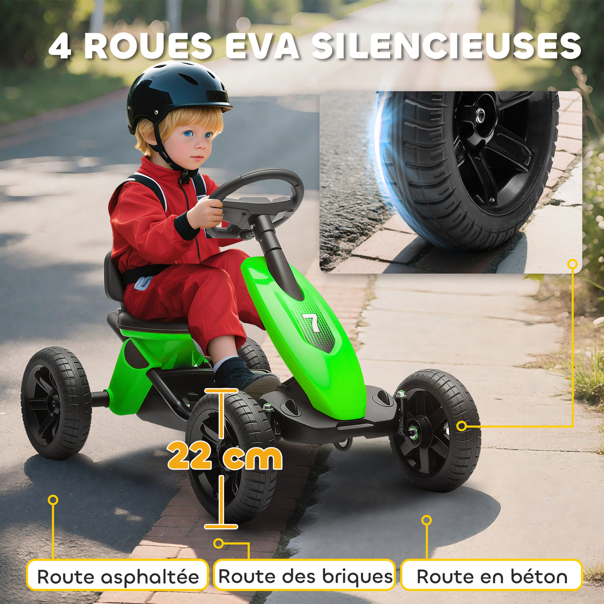 Kart à pédales pour enfants, karting enfant de 2 à 5 ans avec roues EVA silencieux, avancer et reculer, vert-4