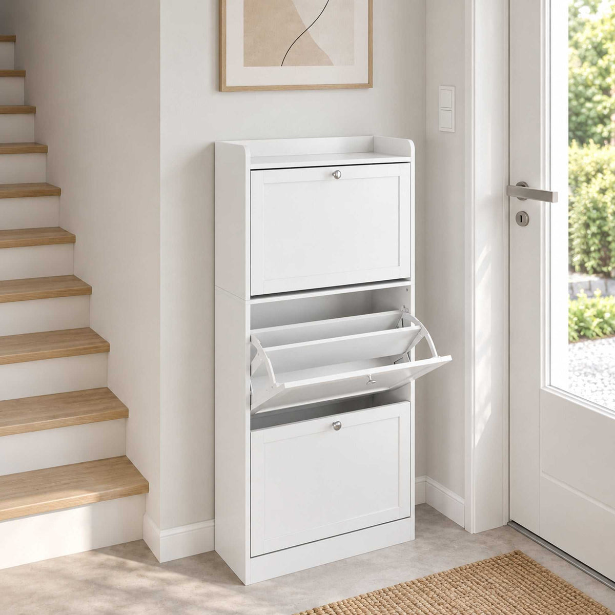 Meuble à Chaussures 15 Paires, Armoire à Chaussures avec 3 Tiroirs, Étagères Réglables et Plateau Supérieur, Blanc-1