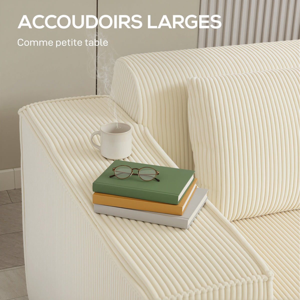 Canapé 3 places en velours côtelé, canapé rembourré, larges accoudoirs, 2 coussins, pas de montage, 202x90x76cm, beige-6