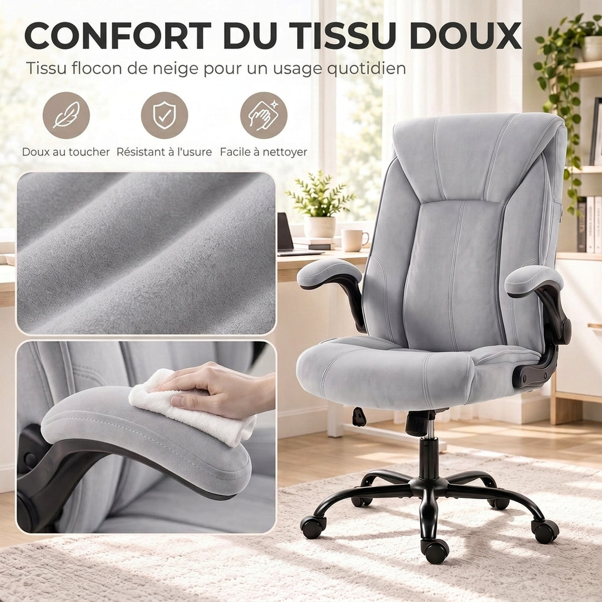 Chaise Bureau Ergonomique en Tissu Flanelle, Hauteur Réglable, Bascule, Accoudoirs Relevables, 66x77x122cm, Gris Clair-4
