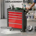 Chariot à outils sur roulettes, Servante d'atelier en acier 5 tiroirs verrouillable 2 clés, 61,5 x 33 x 82,5 cm, rouge-5