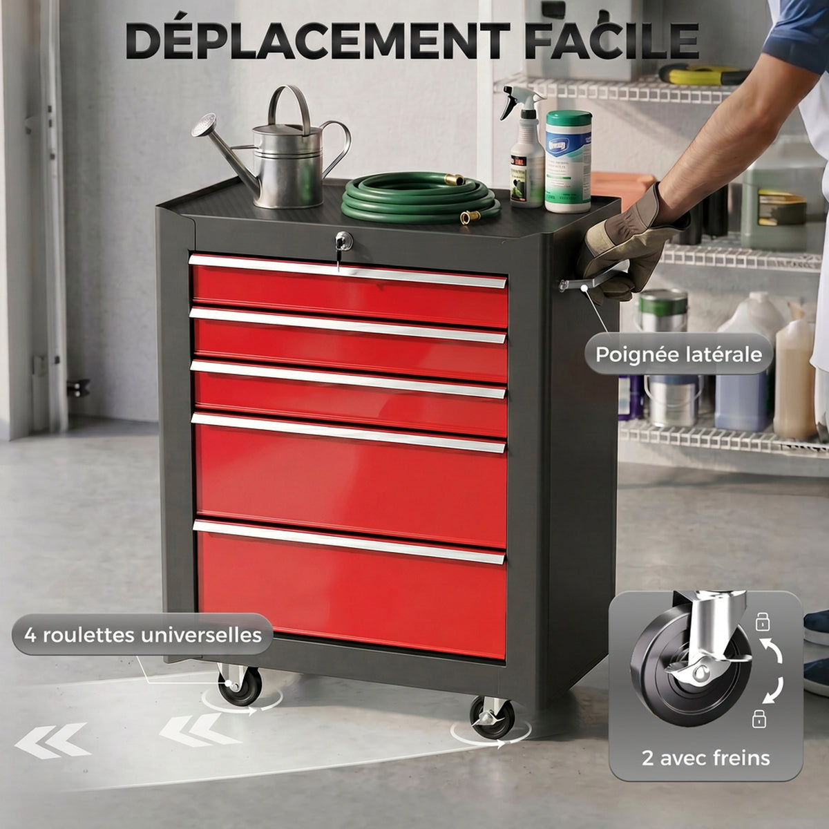 Chariot à outils sur roulettes, Servante d'atelier en acier 5 tiroirs verrouillable 2 clés, 61,5 x 33 x 82,5 cm, rouge-5