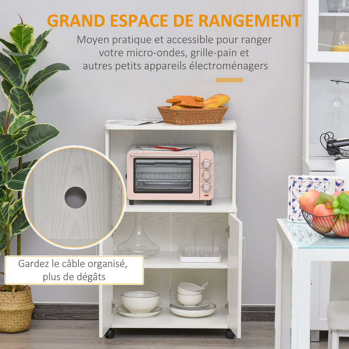 Chariot desserte micro-ondes placard 2 portes - dim. 60,4L x 40,3l x 97H cm - blanc-3