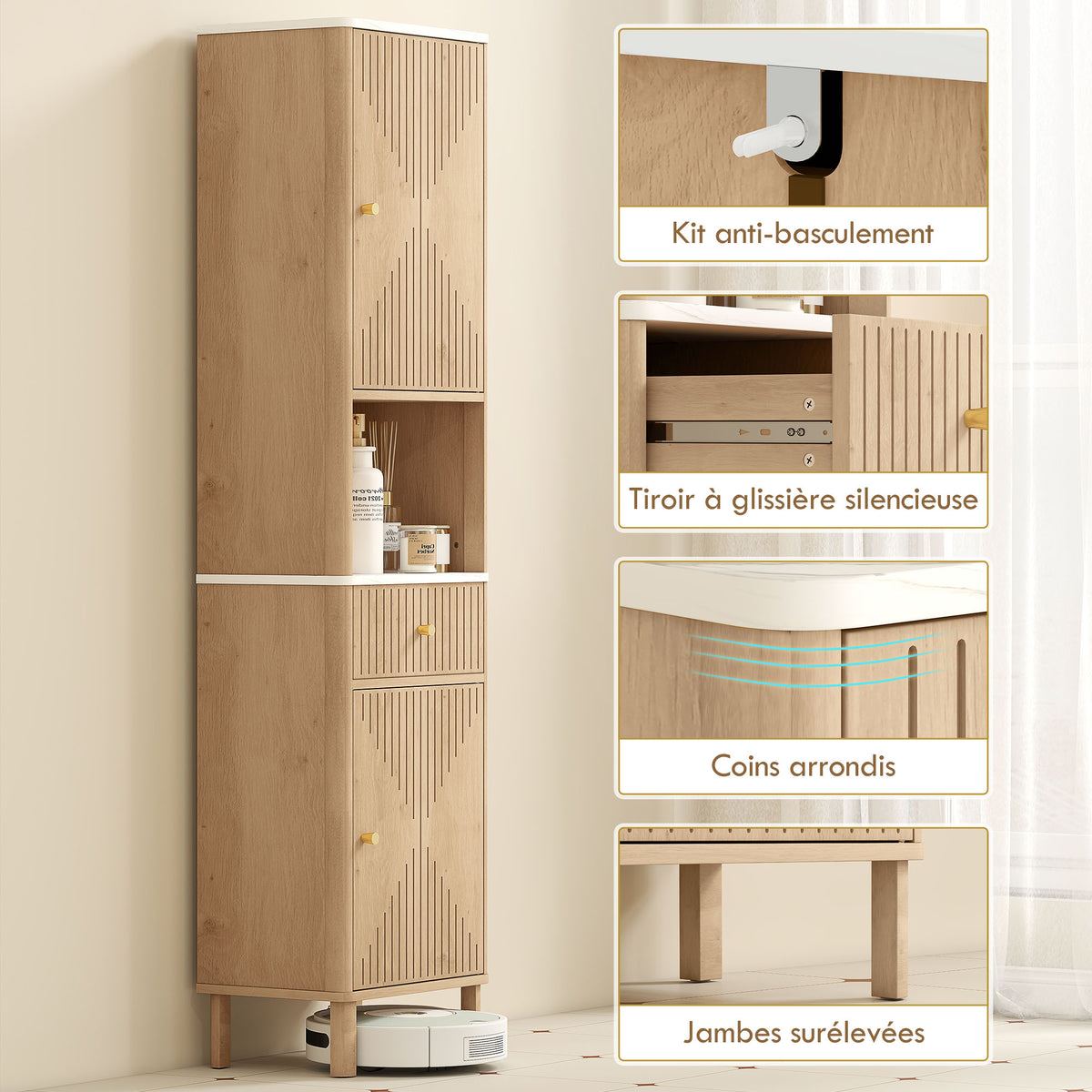Armoire salle de bain haute meuble de rangement colonne avec tiroir coulissant silencieux 2 placards 41,5x30x168cm chêne-6