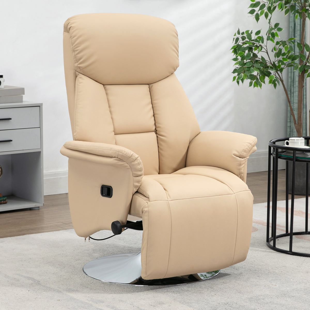 Fauteuil inclinable pivotant repose-pied réglable accoudoirs piètement acier chromé revêtement synthétique PU beige-9