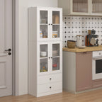 Buffet haut cuisine, armoire de cuisine avec portes vitrées, tiroirs et étagères réglables, 59x30x170cm, blanc brillant-1