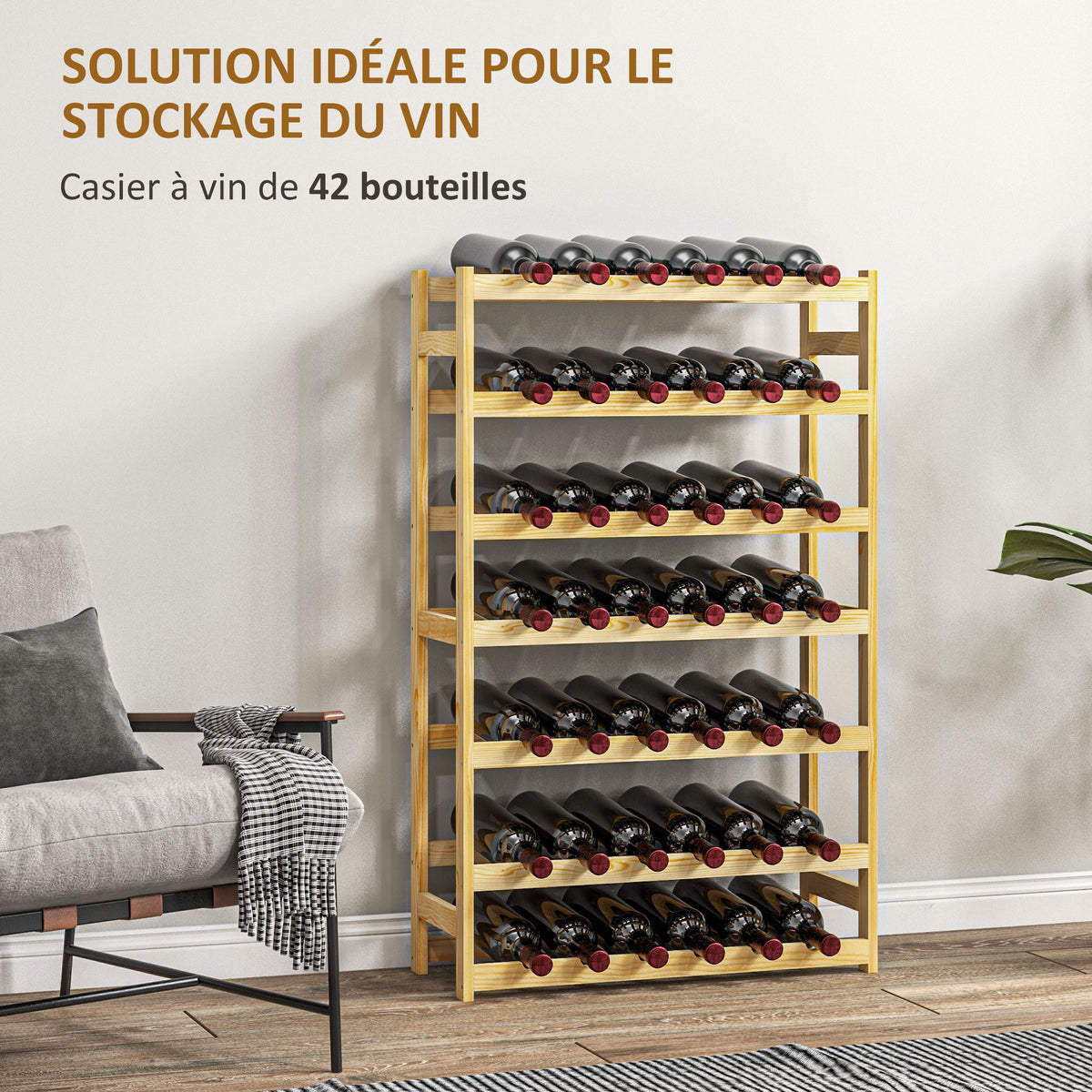 Casier à bouteilles, porte-bouteille en bois à 7 niveaux pour 42 bouteilles, 63 x 25 x 102cm, naturel-3