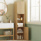 Armoire salle de bain haute, meuble de rangement colonne 6 niveaux 2 portes et étagères réglables, 40x31x182cm, chêne-9