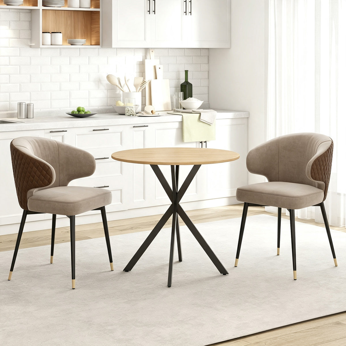 Table à manger ronde pour 2 personnes avec plateau aspect bois et piètement croisé en acier, blanc chêne-1