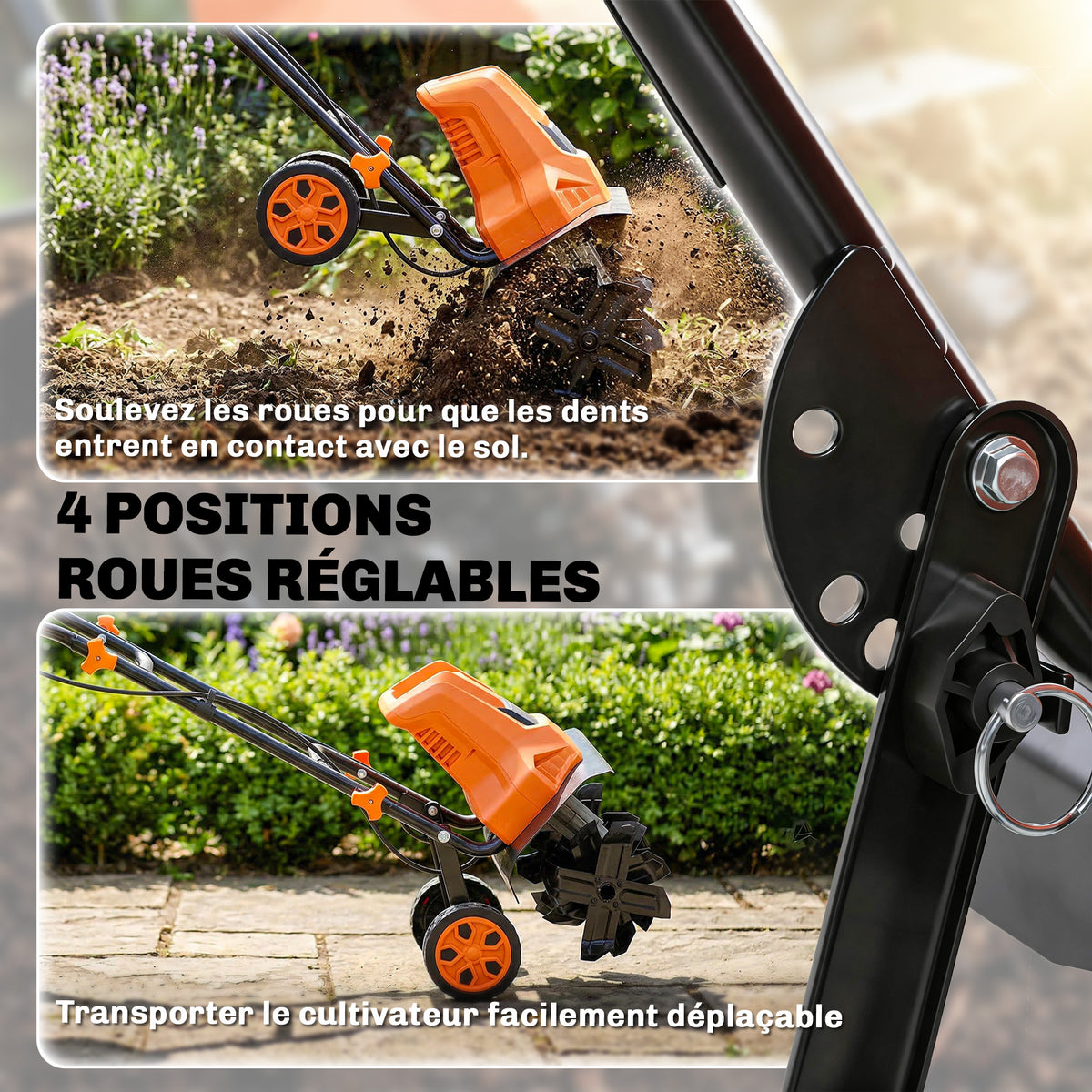 Motobineuse Électrique Motoculteur 1500W 6 Lames 65Mn Largeur 40cm Profondeur 20cm Pliable et Étanche IPX4 Orange-6