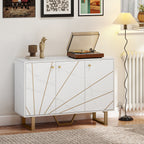 Meuble de rangement buffet salon avec 2 placards 3 portes et étagère réglable, pieds en métal, aspect marbre blanc-1