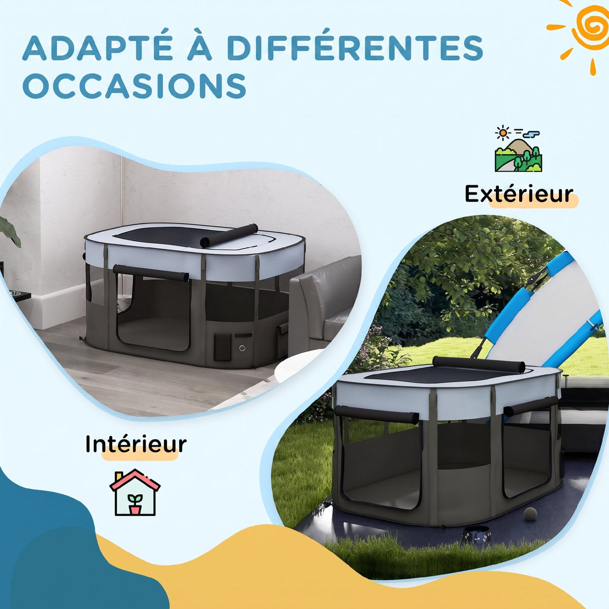 Parc pliable pour animaux de compagnie parc pour chiots en tissu Oxford avec fenêtres et portes sac de rangement gris-6