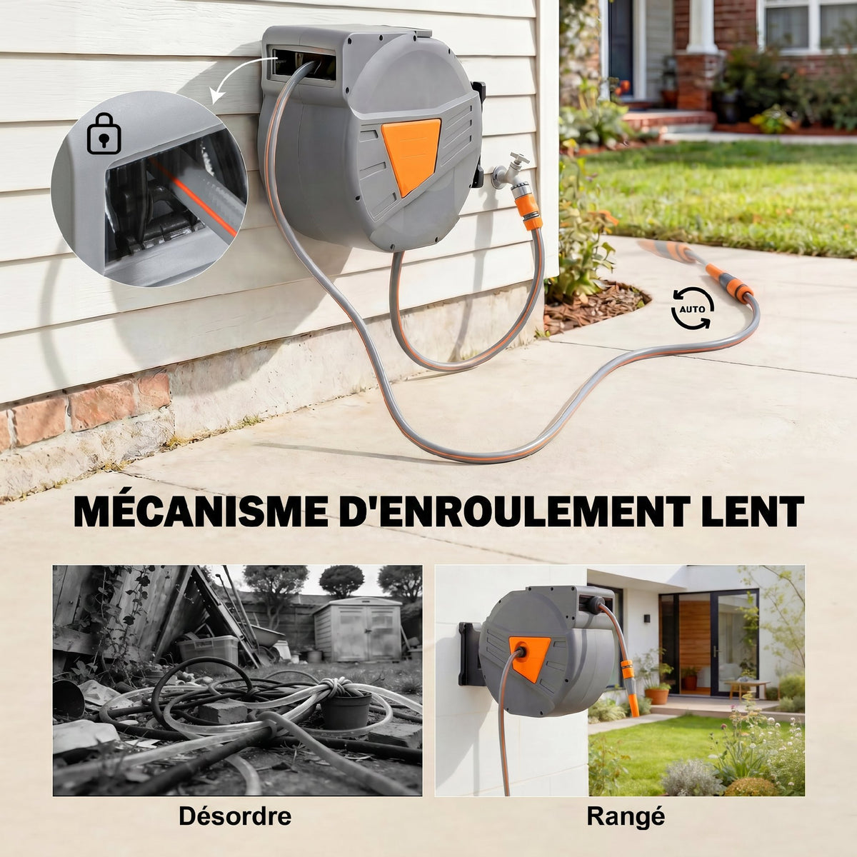 Enrouleur Tuyau Arrosage Mural 40+2 m x Ø 15mm, Dévidoir de Tuyaux d'Eau Rétractable Automatique Pivotant à 180°, Orange-4