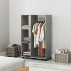Armoire penderie meuble de rangement mobile 4 roulettes avec tringle à vêtements et étagères ouvertes, gris-9