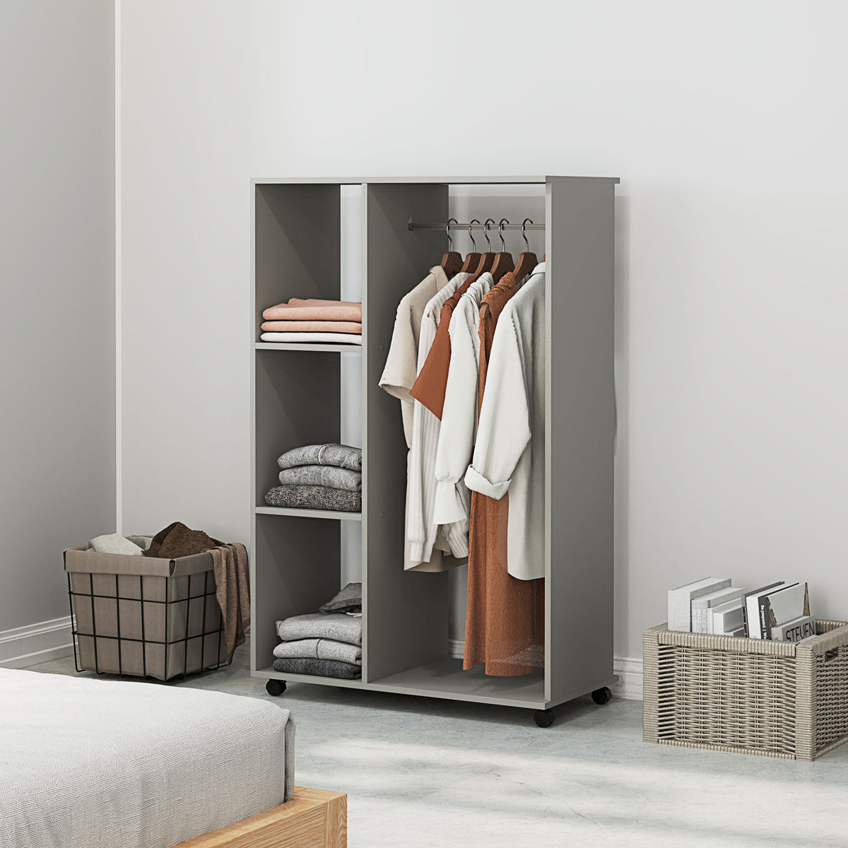 Armoire penderie meuble de rangement mobile 4 roulettes avec tringle à vêtements et étagères ouvertes, gris-9