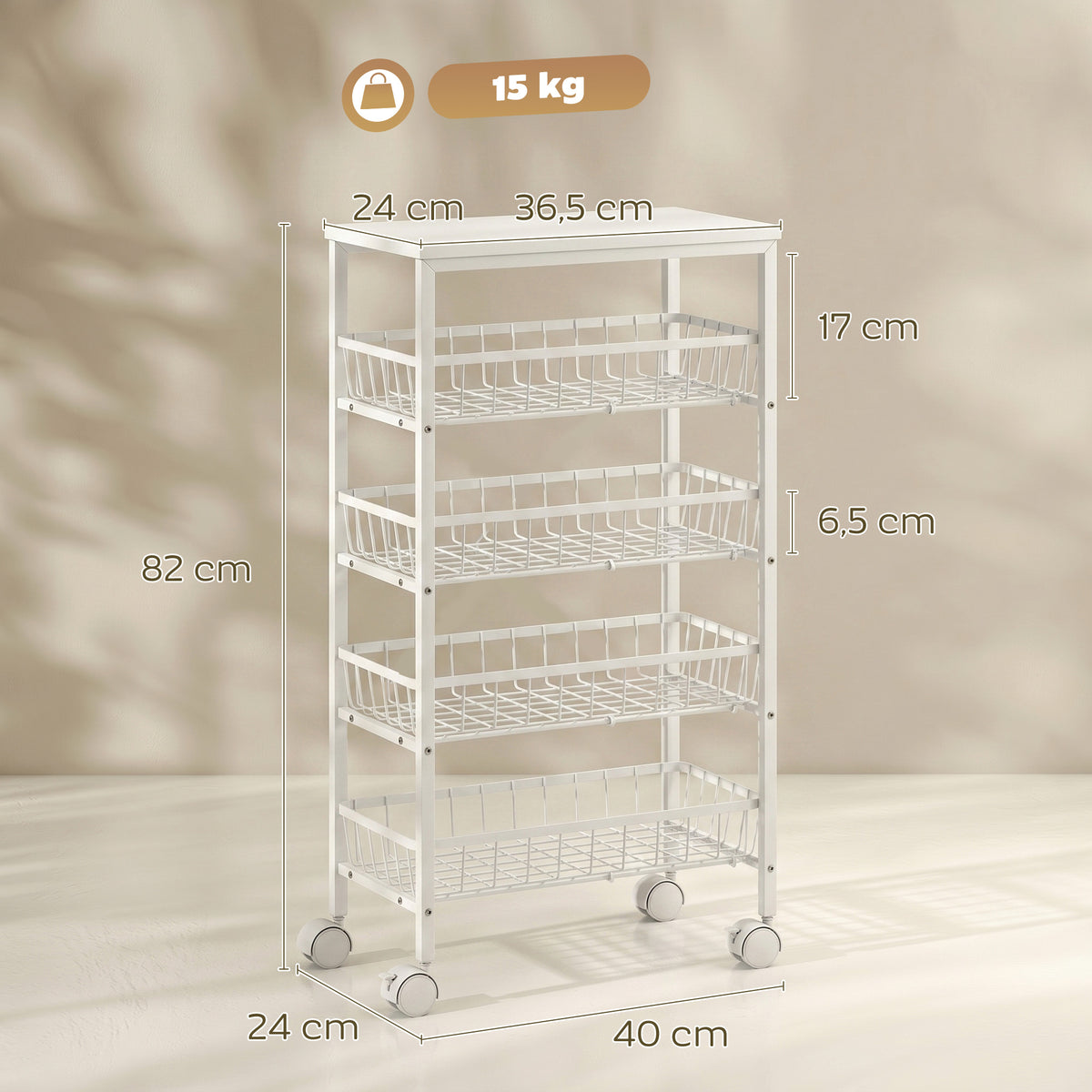 Chariot de rangement à 4 niveaux, desserte à roulettes avec paniers amovibles, cadre en métal, blanc-2
