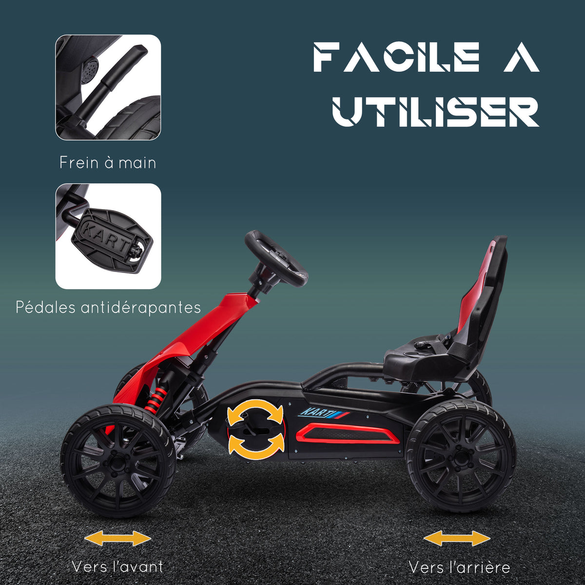 Kart à pédales pour enfants avec siège ajustable 4 positions et roues en EVA 100 x 58 x 58,5 cm rouge et noir-4