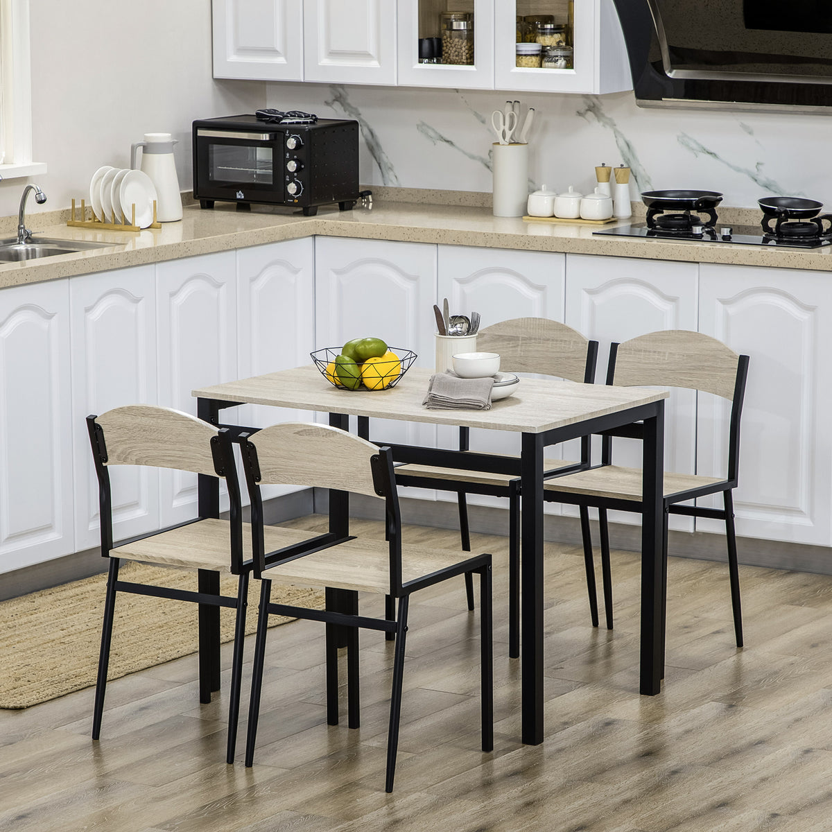 Ensemble table à manger 5 pièces avec 4 chaises lateau MDF coloris bois de chêne châssis métal noir-7