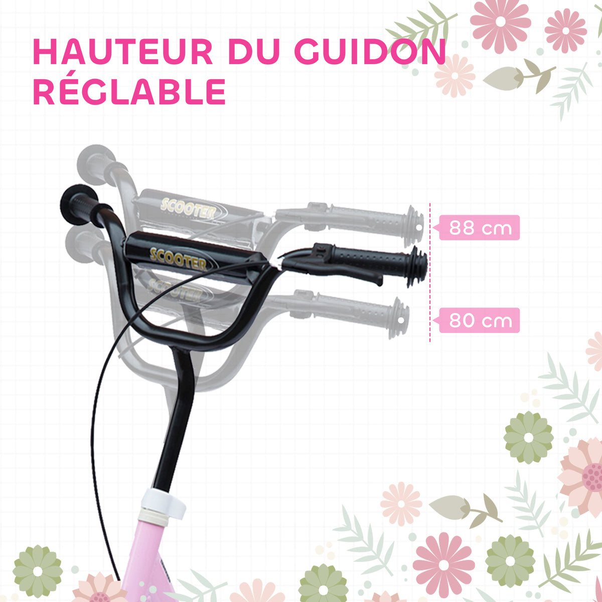 Trottinette enfant patinette pneus 30 cm Hauteur Guidon réglable poignée Frein et béquille Acier pour enfants à partir de 5 ans Rose-3