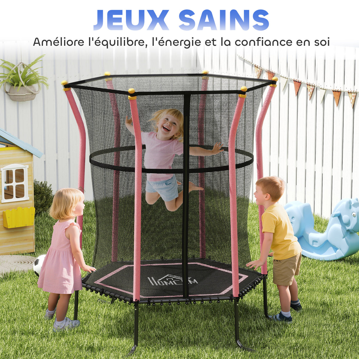 Trampoline pour enfant 1,22 x 1,11 x 1,9 m filet de sécurité porte zippée 6 poteaux rembourrés inclus rose noir-7