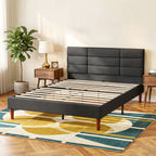 Cadre de Lit 140 x 200 cm avec Sommier Bois, Lit Double Rembourré en Effet Lin, Rangement au-dessous, Sans Bruit, Gris-1