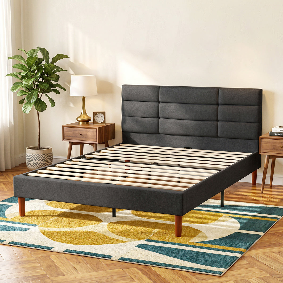 Cadre de Lit 140 x 200 cm avec Sommier Bois, Lit Double Rembourré en Effet Lin, Rangement au-dessous, Sans Bruit, Gris-1