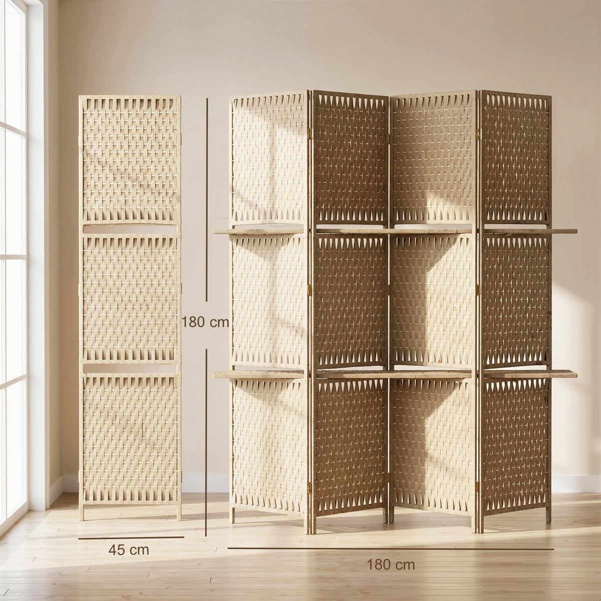 Séparateur de pièces 4 panneaux 2 étagères pliables naturel paille-2
