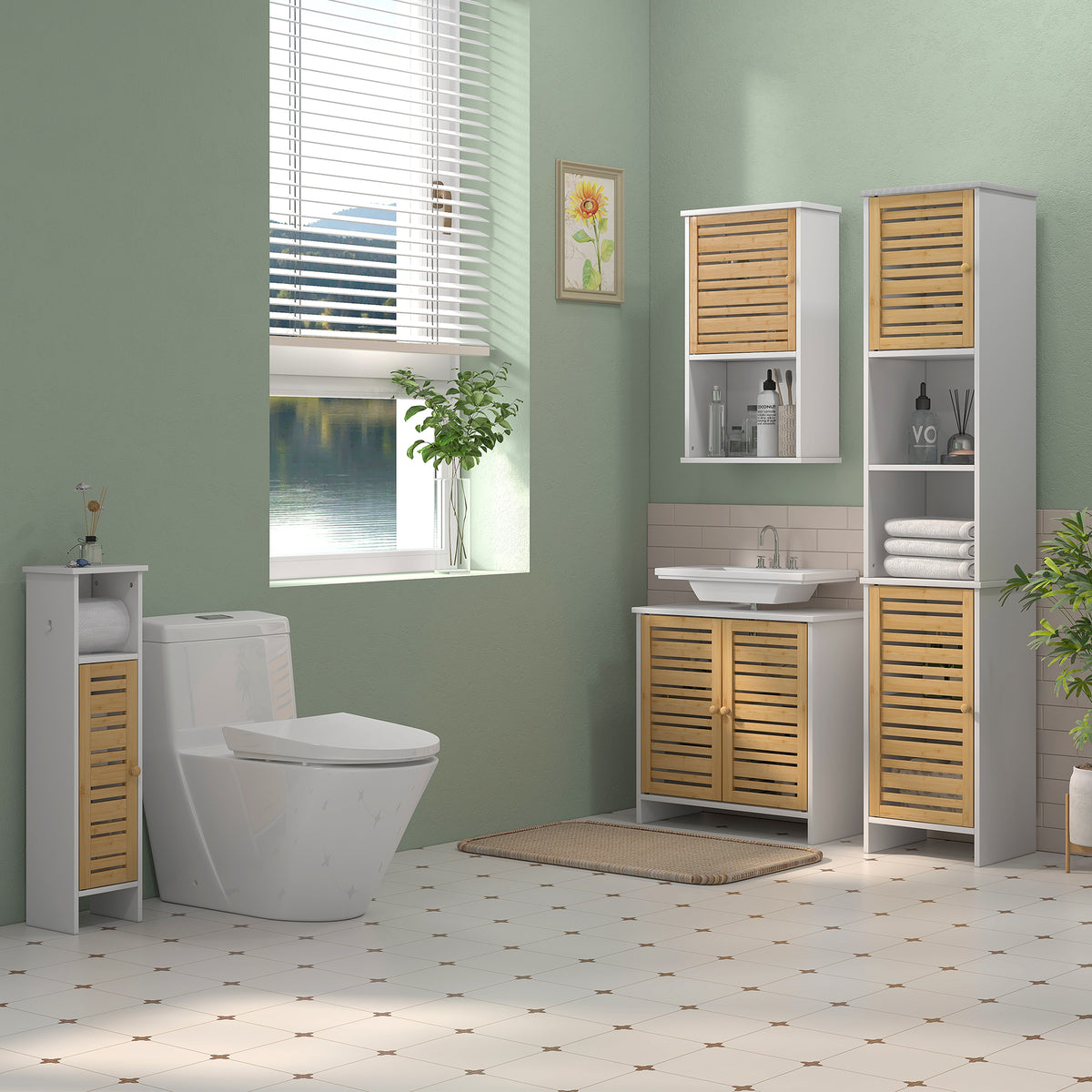 Meuble de salle de bain avec support papier toilette barre amovible 3 Niveaux + Sortie Papier, 78H cm, Bambou blanc-1