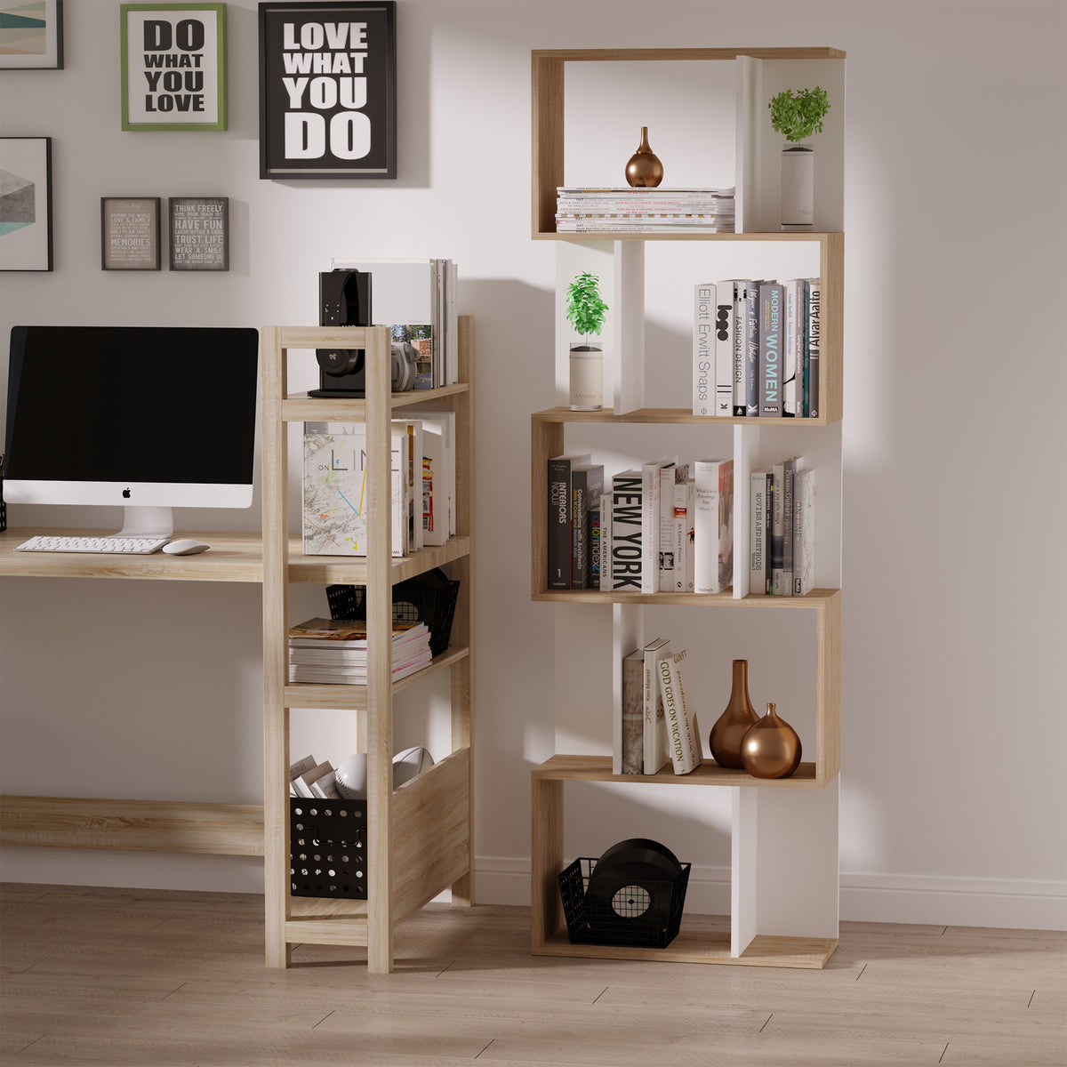 Bibliothèque à 5 niveaux, meuble de rangement en forme de S avec étagères, étagère de rangement blanc-1