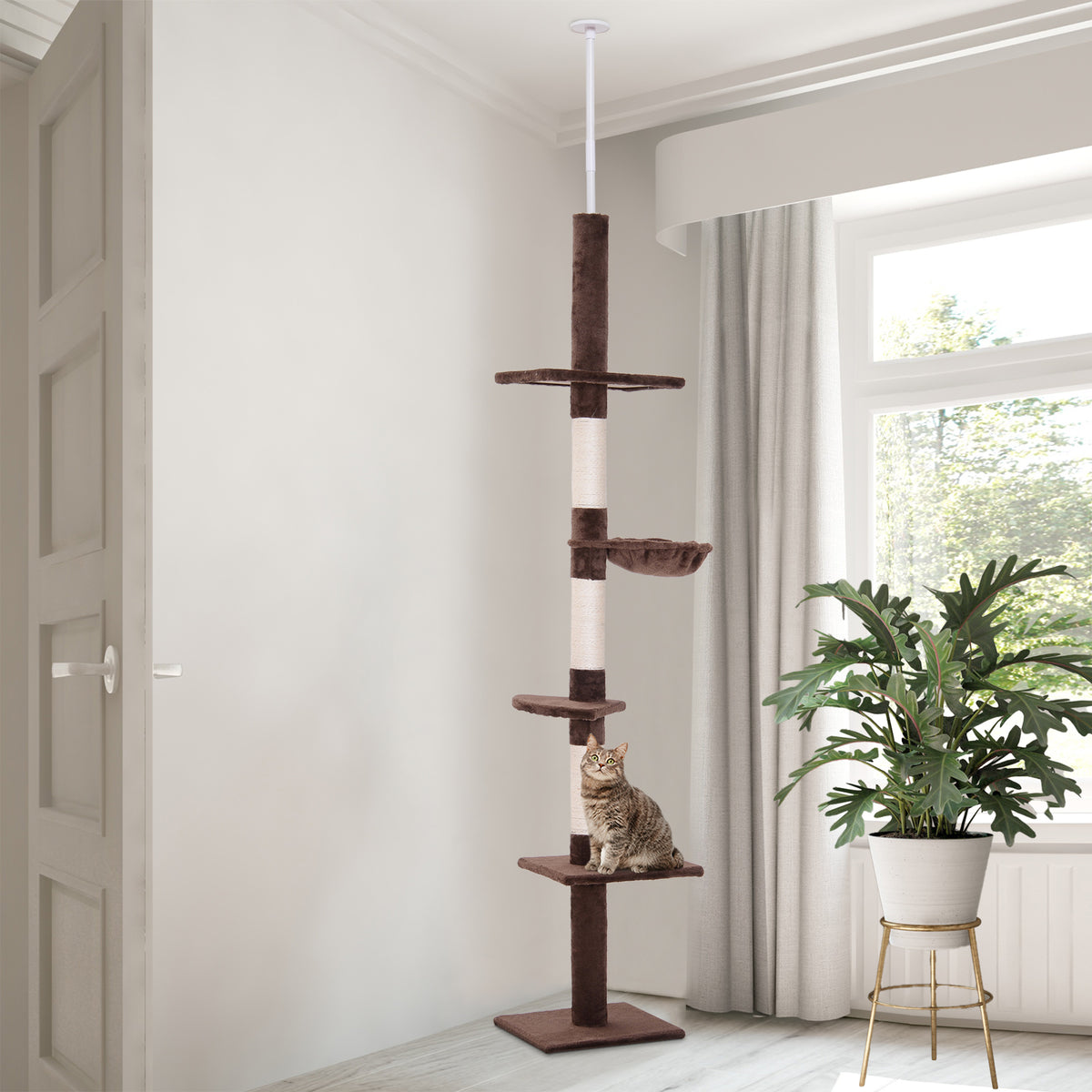 Arbre chat du sol au plafond poteau à griffer L40 x l 34 x H 230-260 cm 5 niveaux d'activités marron-9
