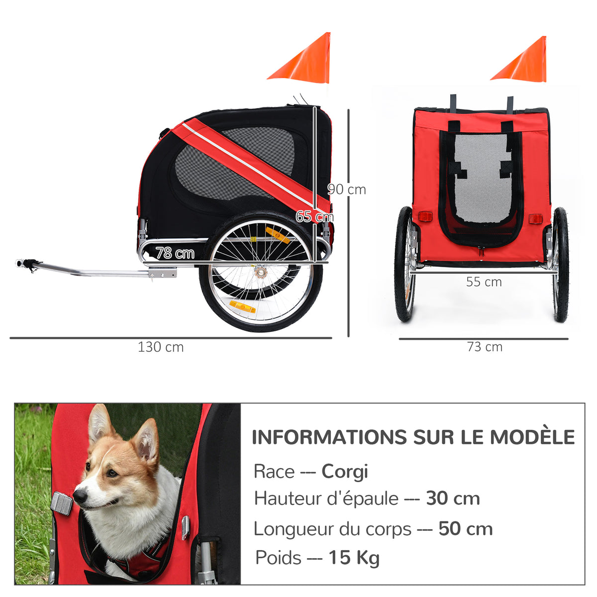 Remorque vélo pour Chien Animaux 8 réflecteurs Drapeau Barre attelage Inclus Acier Polyester imperméable Max. 30 Kg 130L x 73l x 90H cm Rouge-2