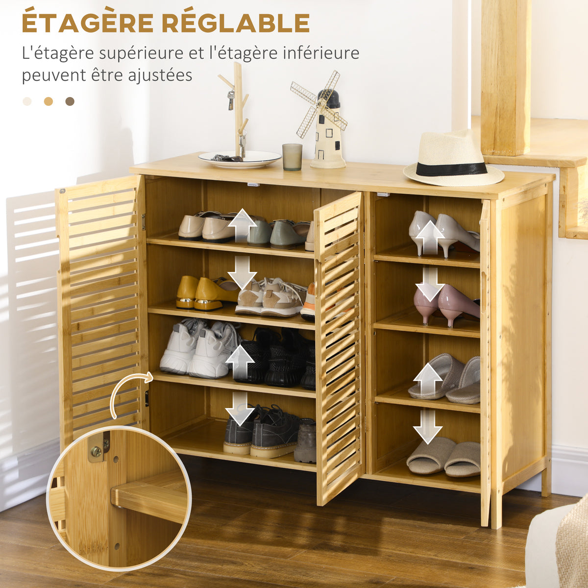 Meuble à chaussures armoire à chaussures style naturel - 2 placards avec 8 étagères - en bambou bois naturel-4