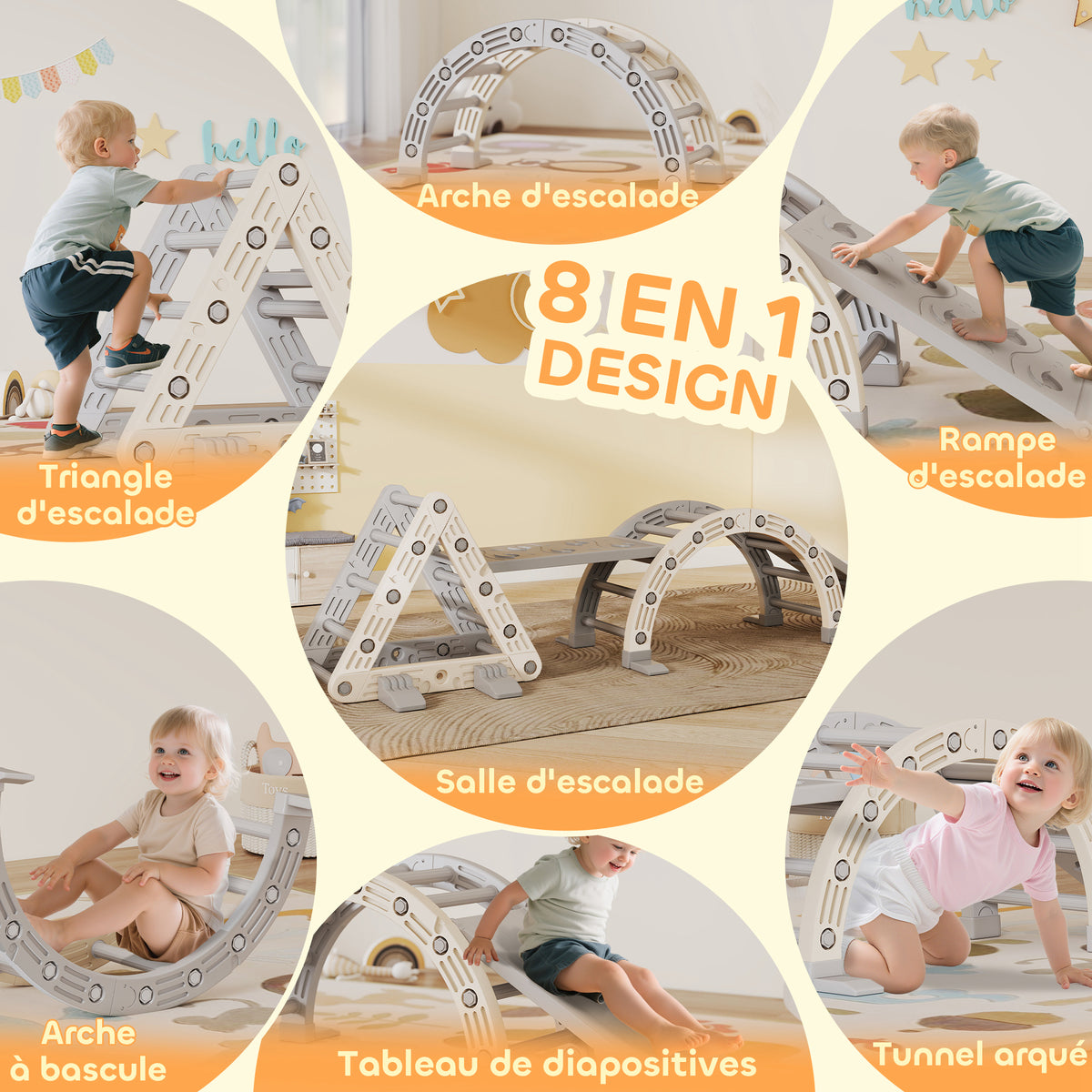 8 en 1 Triangle escalade enfants, arc d'escalade, rampe double-face pour grimper & glisser, 279 x 80 x 69 cm, gris-3