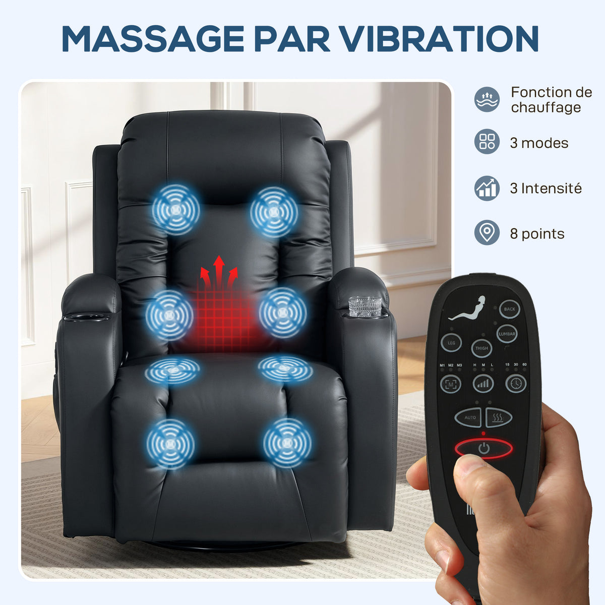 Fauteuil inclinable de massage et chauffage, fauteuil de relaxation, dossier réglable, pivotant 360°, 82x99x103cm, noir-3
